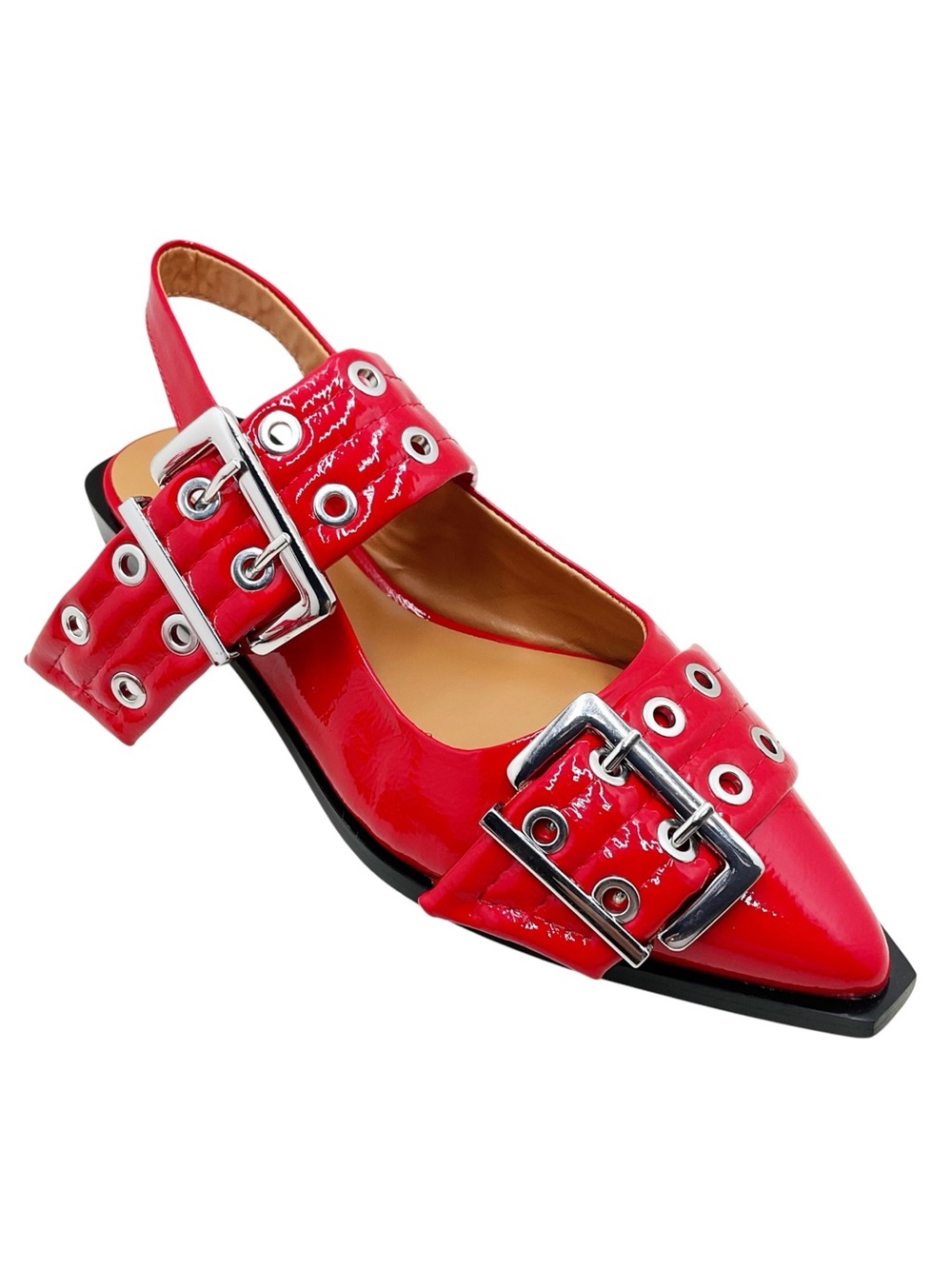 {Steve Madden} Graya Red Patent Studded Buckle Slingback Flats - Picture 3 of 16